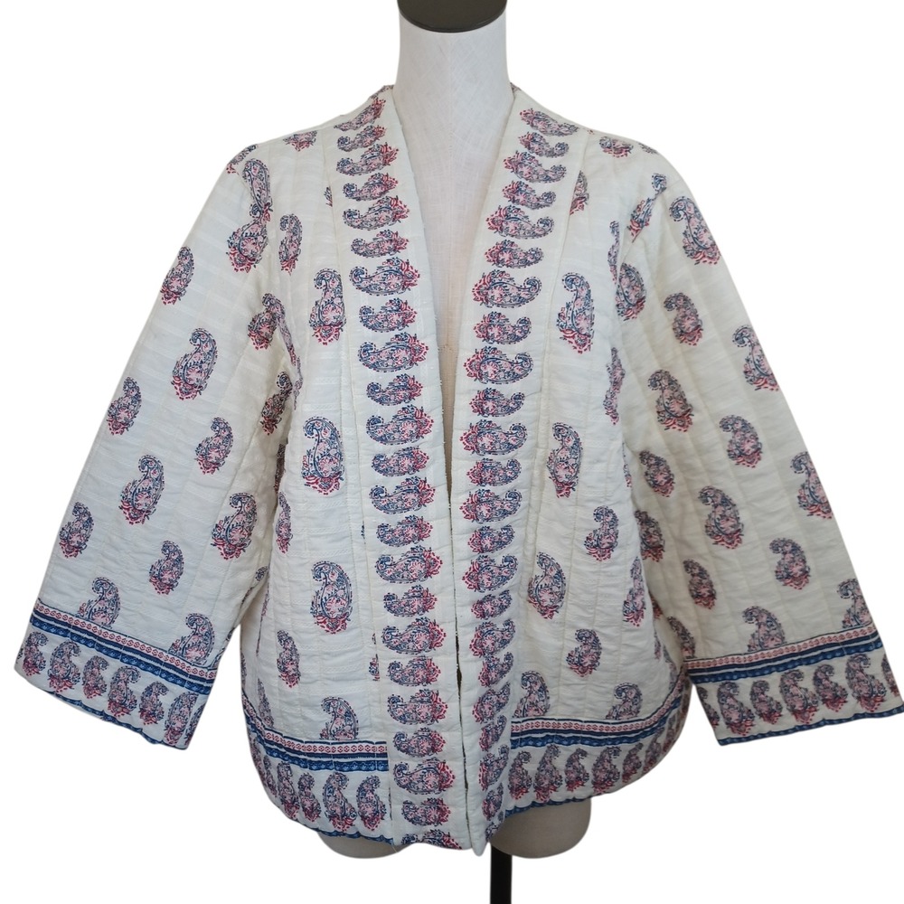 J Jill Quilted Kimono Jacket Cream Paisley Print 3X Women